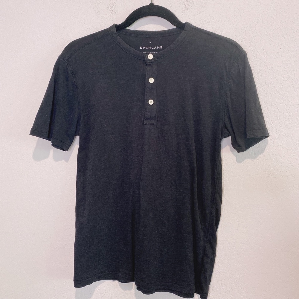 Everlane 100% Cotton Henley Tshirt Short Sleeve Soft Black Size S